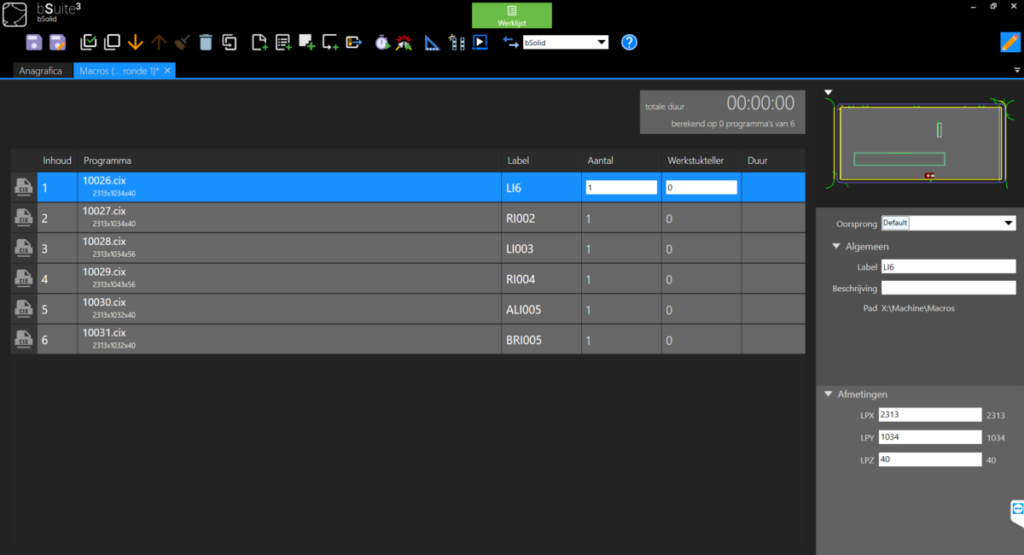 Pro2CNC Screenshot - Werklijst met CNC programma in bSolid software