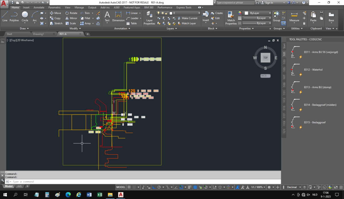 Schermafbeelding van AutoCAD tekening met raamdetail en CNC freesgereedschappen